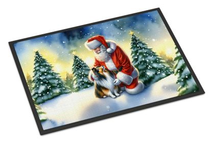 NEW Sheltie and Santa Claus Doormat Front Door Mat Indoor Outdoor Rugs for Entryway, Non Slip Washable Low Pile, 18H X 27W