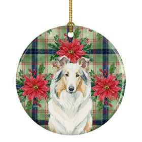 White Collie Christmas PoinsettIas Ceramic Ornament Christmas Tree Hanging Decorations for Home Christmas Holiday, Party, Gift, 3 in, Multicolor