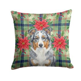 Blue Merle American Shepherd Christmas PoinsettIas Throw Pillow Decorative Indoor Outdoor Accent Cushion for Couch, Bed or Patio, 14Hx14W