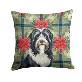 Black Bearded Collie Christmas PoinsettIas Throw Pillow Decorative Indoor Outdoor Accent Cushion for Couch, Bed or Patio, 14Hx14W