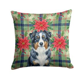 Black Australian Shepherd Christmas PoinsettIas Throw Pillow Decorative Indoor Outdoor Accent Cushion for Couch, Bed or Patio, 14Hx14W