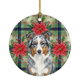 Blue Merle American Shepherd Christmas PoinsettIas Ceramic Ornament Christmas Tree Hanging Decorations for Home Christmas Holiday, Party, Gift, 3